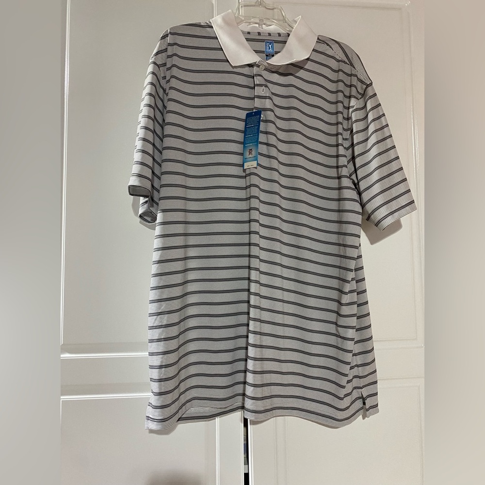 NWT PGA Tour White Striped Polo Shirt